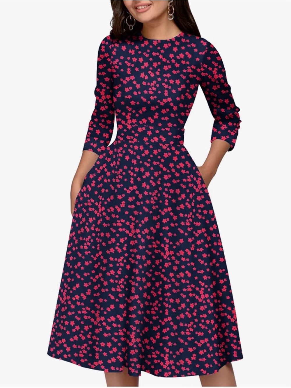Elegant Navy Midi Dress with red Floral Print